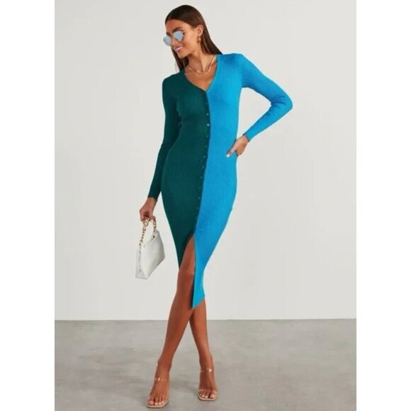 Vici Calloway Double Take Ribbed Colorblock Button Front Ribbed Midi Dress NWOT - Picture 1 of 3